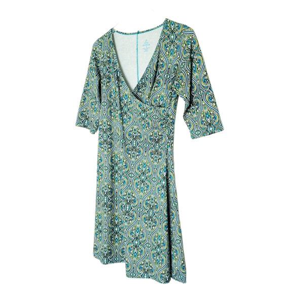 Prana Nadia Veeda Dress M Blue Green Printed Faux Wrap V-Neck Athleisure - Picture 2 of 9